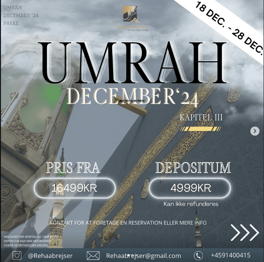 🛑 BEGRÆNSET PLADSER-FØRST TIL MØLLE.🛑 Umrah tur med @Rehaabrejser Har du nogensinde haft den store ønske, eller lyst om at besøge vores elskede profet ﷺ hjem, nemlig Makkah og Madinah, der hvor hele kernen af vores Deen stammer fra, der hvor Abu Bakr og Omar (ra), kæmpede side om side med profeten ﷺ for den ene grund det var at beskytte og videregive islam til folket i Makkah og Madinah. Den mulighed kan vi i @Rehaabrejser, gøre til en mulighed for netop dig. Det eneste du skal gøre er at betale et hvis beløb, og så arrangerer vi hele rejsen for dig med fly, hotel, vip busser osv. og den bedste mulige oplevelse der er muligt.